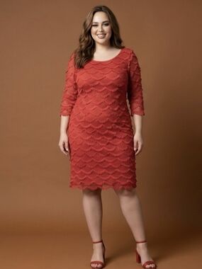 Jessica Howard Coral Orange Eyelash Fringe Shift Dress - Size 12